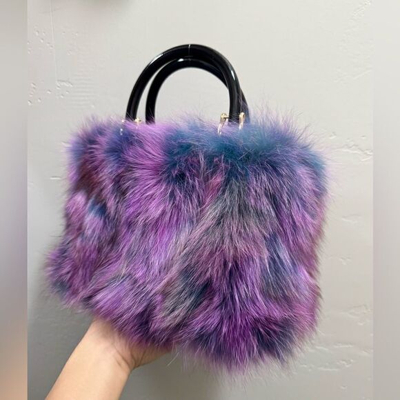 Purple Gradient Handmade Luxury Real Fox Fur Top Handles Satchel Bag/Crossbody - Picture 5 of 16